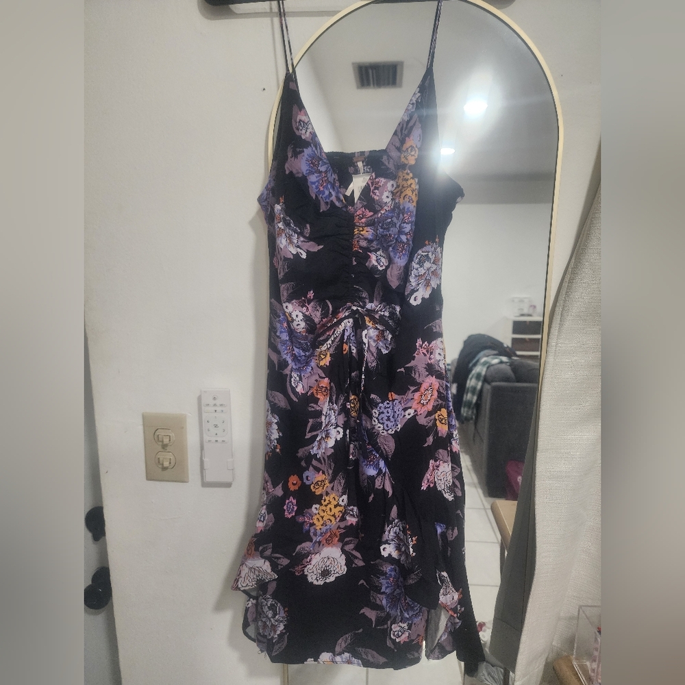 Free People Black Floral Mini Wrap Dress NWT